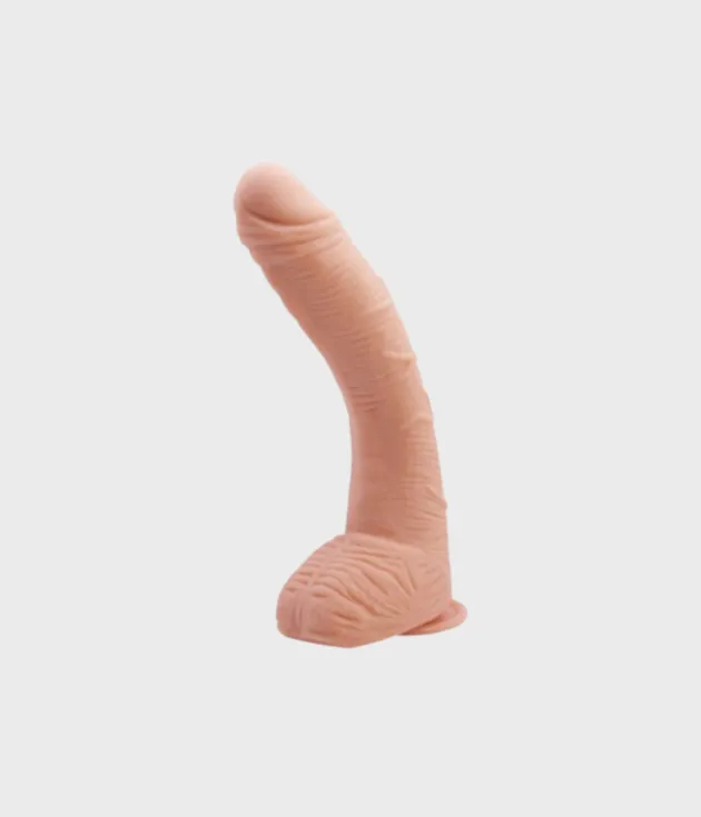 Perfil lateral del dildo Baile Alex mostrando su curvatura y ventosa