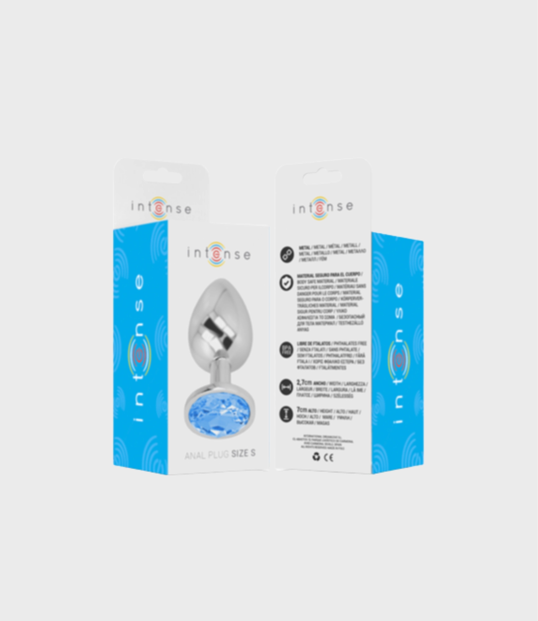 Caja del producto Intense Anal Plug Size S, frente y dorso